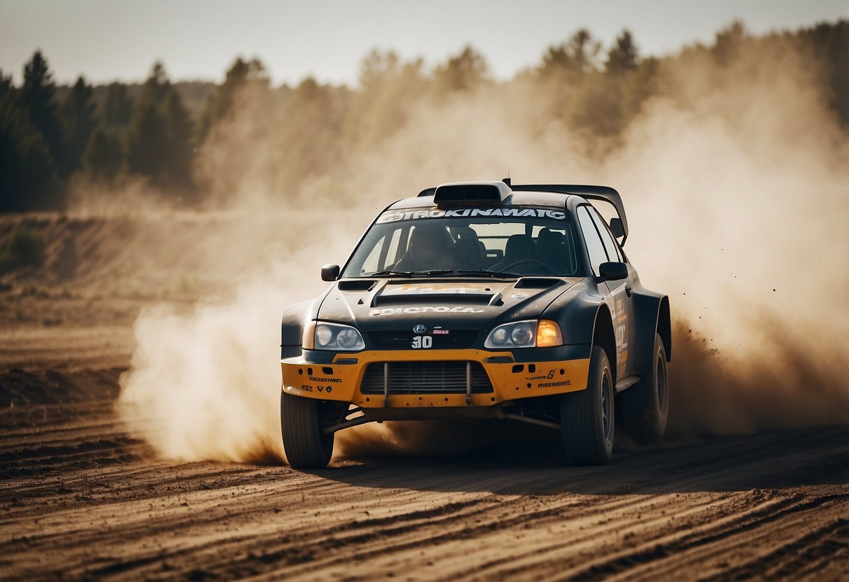 A rally car speeds through a dirt track, kicking up clouds of dust. The car is equipped with rugged tires, a roll cage, and a powerful engine