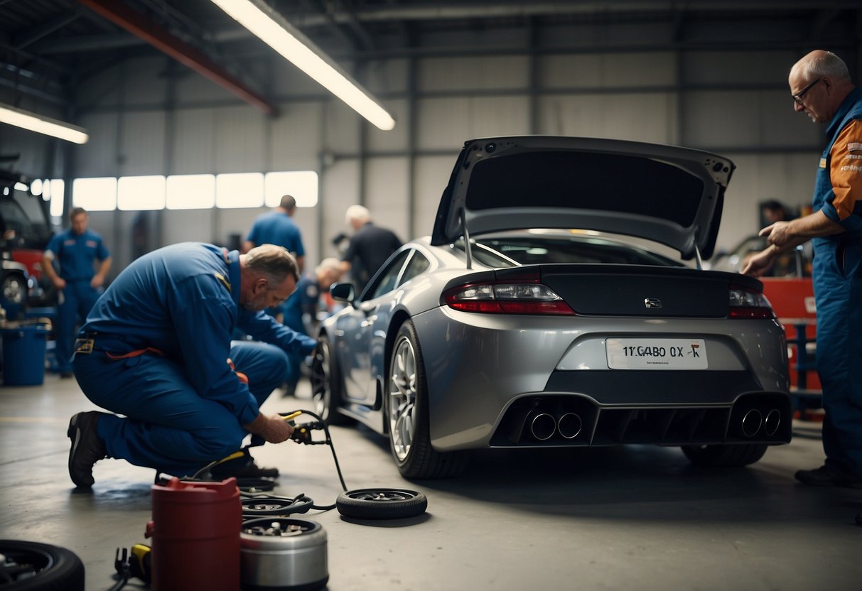 Mechanics and engineers inspect race cars, checking tire pressure and engine components. Tools and equipment are scattered around the garage as the team prepares for the rally race