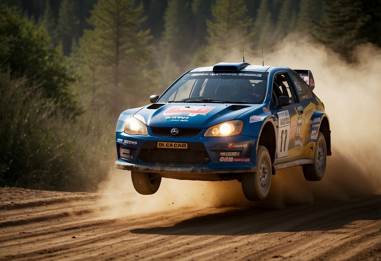 A rally car speeds through a winding dirt track, kicking up clouds of dust. The driver navigates sharp turns and jumps, while the co-driver calls out instructions from the passenger seat