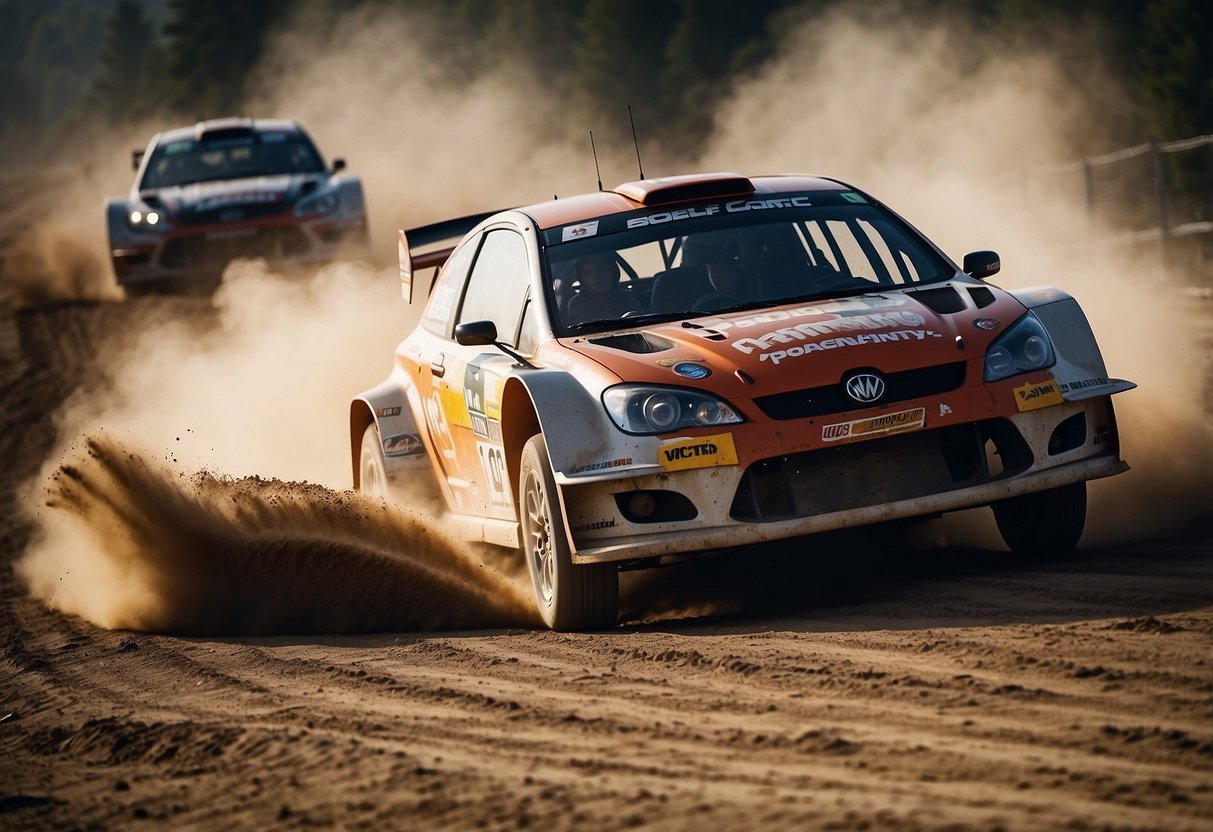 Rally cars speeding around a dirt track, kicking up dust. A crowd of spectators cheering and waving flags. A banner displaying the top 10 rally racing tips for beginners