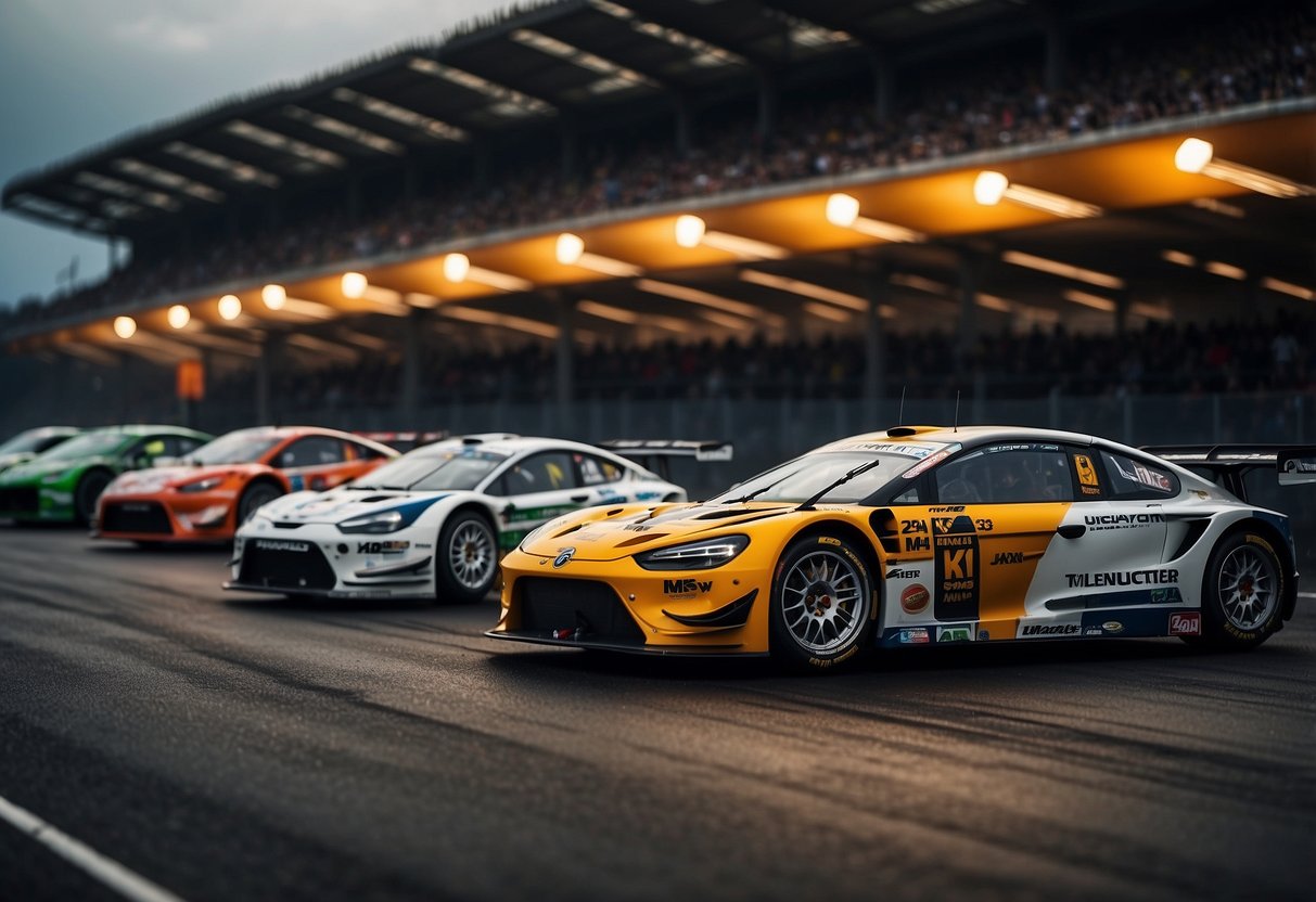 A lineup of top rally racing cars, with manufacturers' logos highlighted, set against a dynamic backdrop