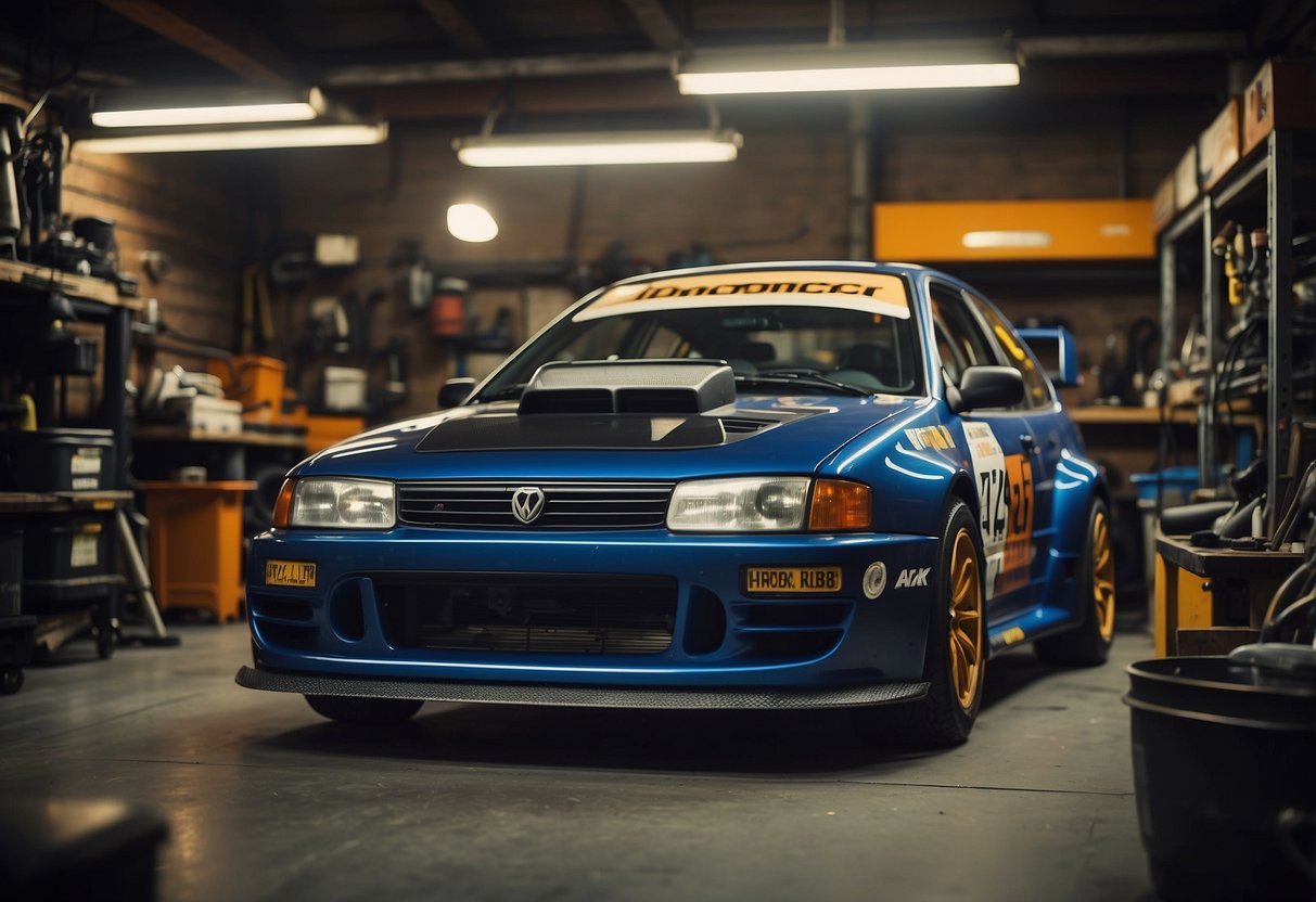 A rally car parked in a garage, surrounded by tools and equipment for modification. The hood is open, revealing a powerful engine being worked on by mechanics