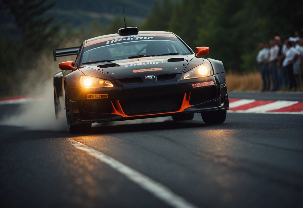 Racing car drifts around a sharp corner, brakes glowing red hot, tires gripping the asphalt as it navigates the challenging rally course