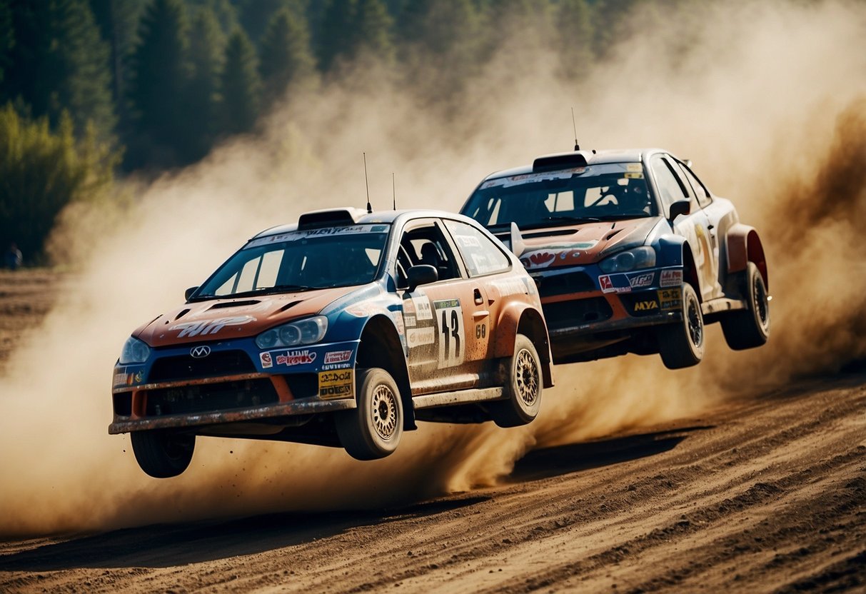 Rally cars speed through winding dirt tracks, kicking up clouds of dust. Spectators line the course, cheering as the drivers navigate sharp turns and jumps. The vibrant colors of the cars stand out against the rugged terrain