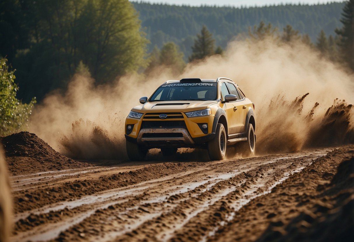 Cars racing through diverse landscapes, kicking up dust and splashing through mud, with cheering crowds lining the tracks