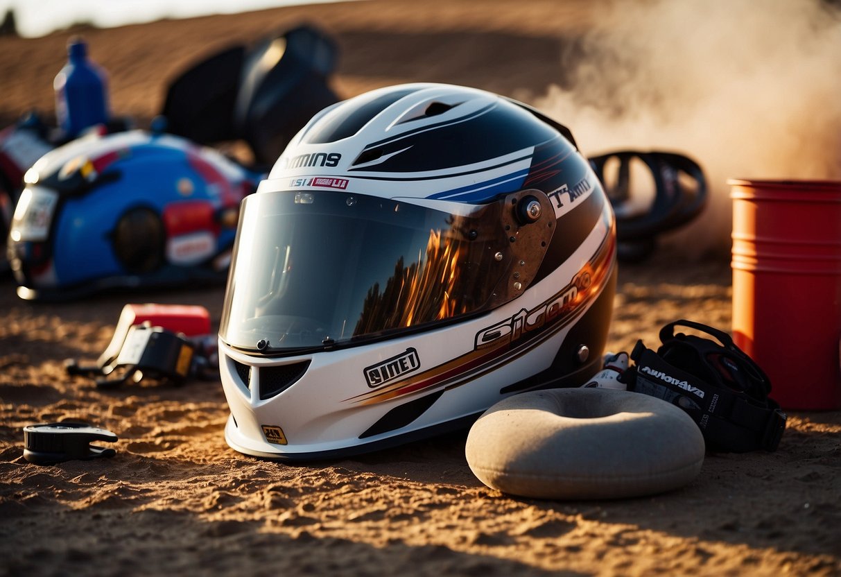 A rally car sits on a dirt track, surrounded by essential gear: helmets, gloves, fire extinguisher, and tool kit. The sun shines down on the scene, highlighting the vibrant colors of the racing equipment