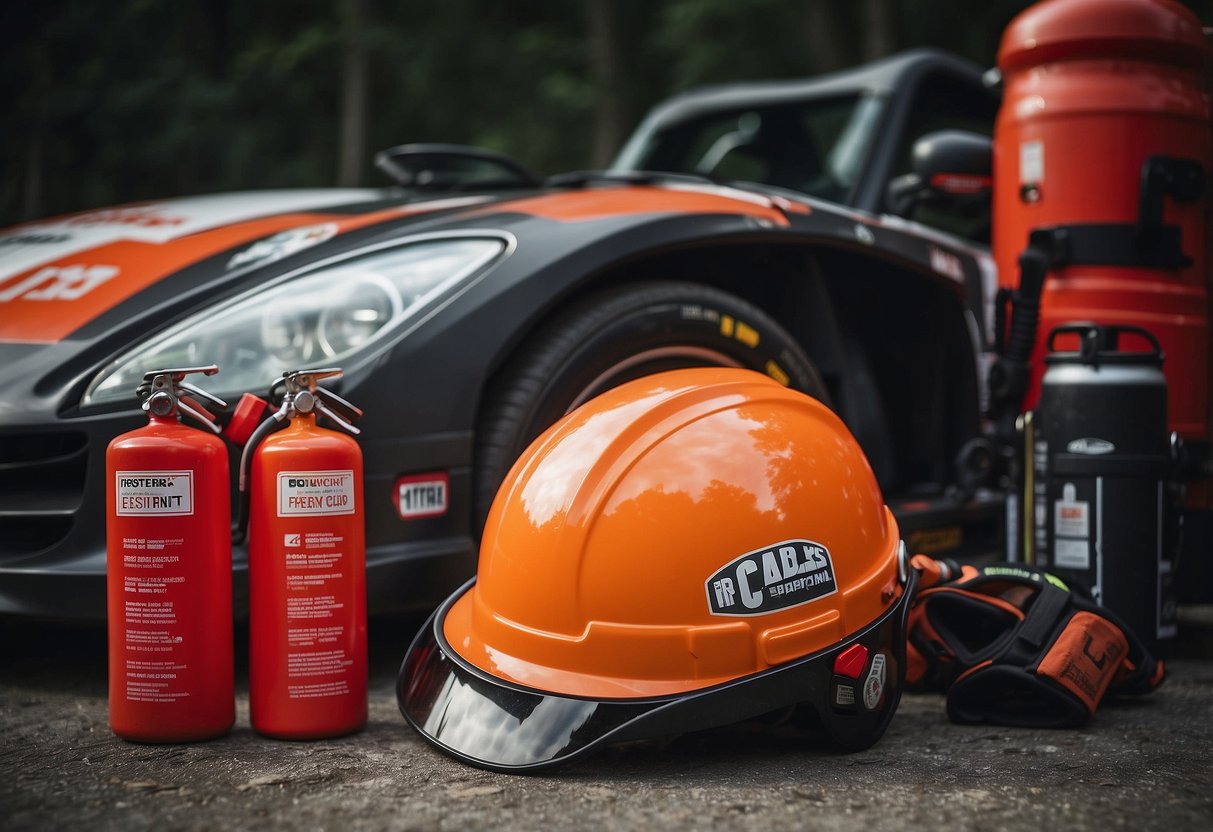 A rally car parked next to a fire extinguisher, helmet, gloves, and safety harness, highlighting the importance of fire safety and essential gear for racing