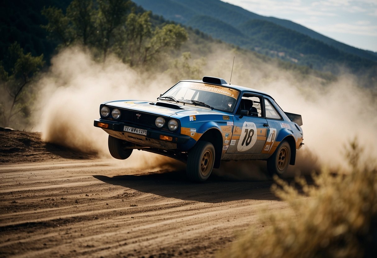 Cars speeding through rugged terrain, kicking up dust, navigating sharp turns and jumps. Historical rally cars alongside modern ones, showcasing the evolution of rally racing