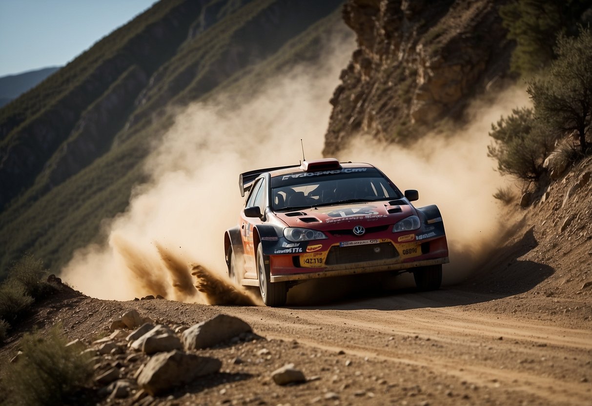 A line of rally cars speeds through a rugged mountain terrain, kicking up dust and debris as they navigate sharp turns and steep inclines