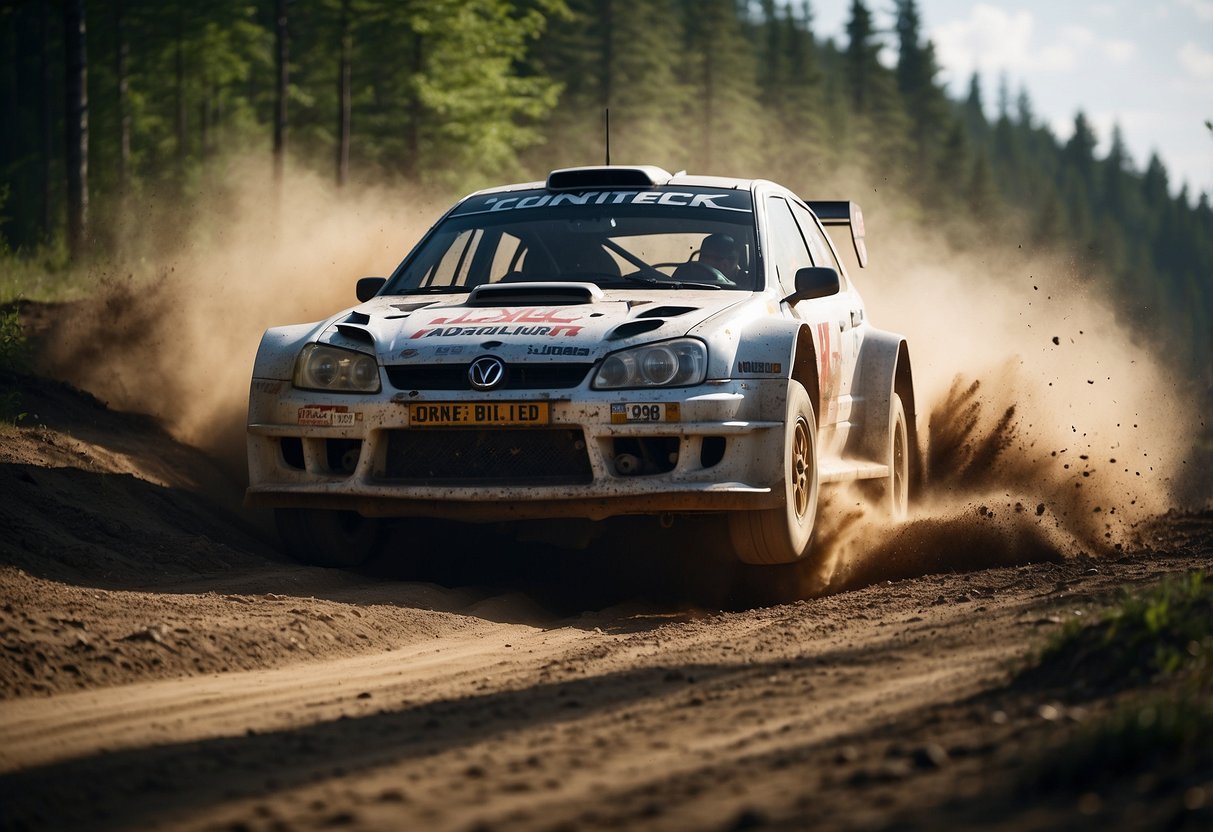 A rally car kicks up dirt and gravel as it speeds through a winding forest track, the tires gripping the rough terrain with aggressive treads