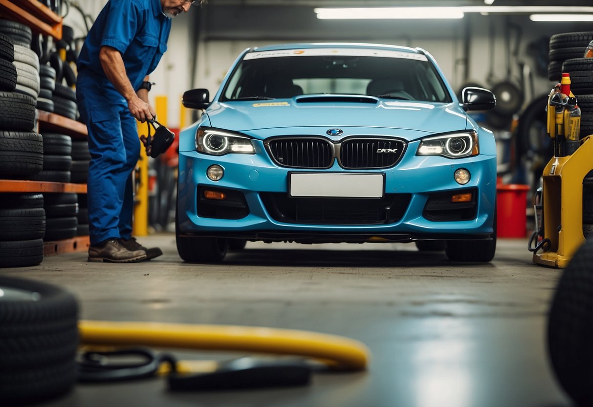 A rally car parked in a garage, with a mechanic checking tire pressure and temperature. Various tire options and tools are scattered around the car