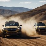 Cars speeding through rugged terrain, kicking up dust. Spectators cheering as they watch the intense rally race on their screens