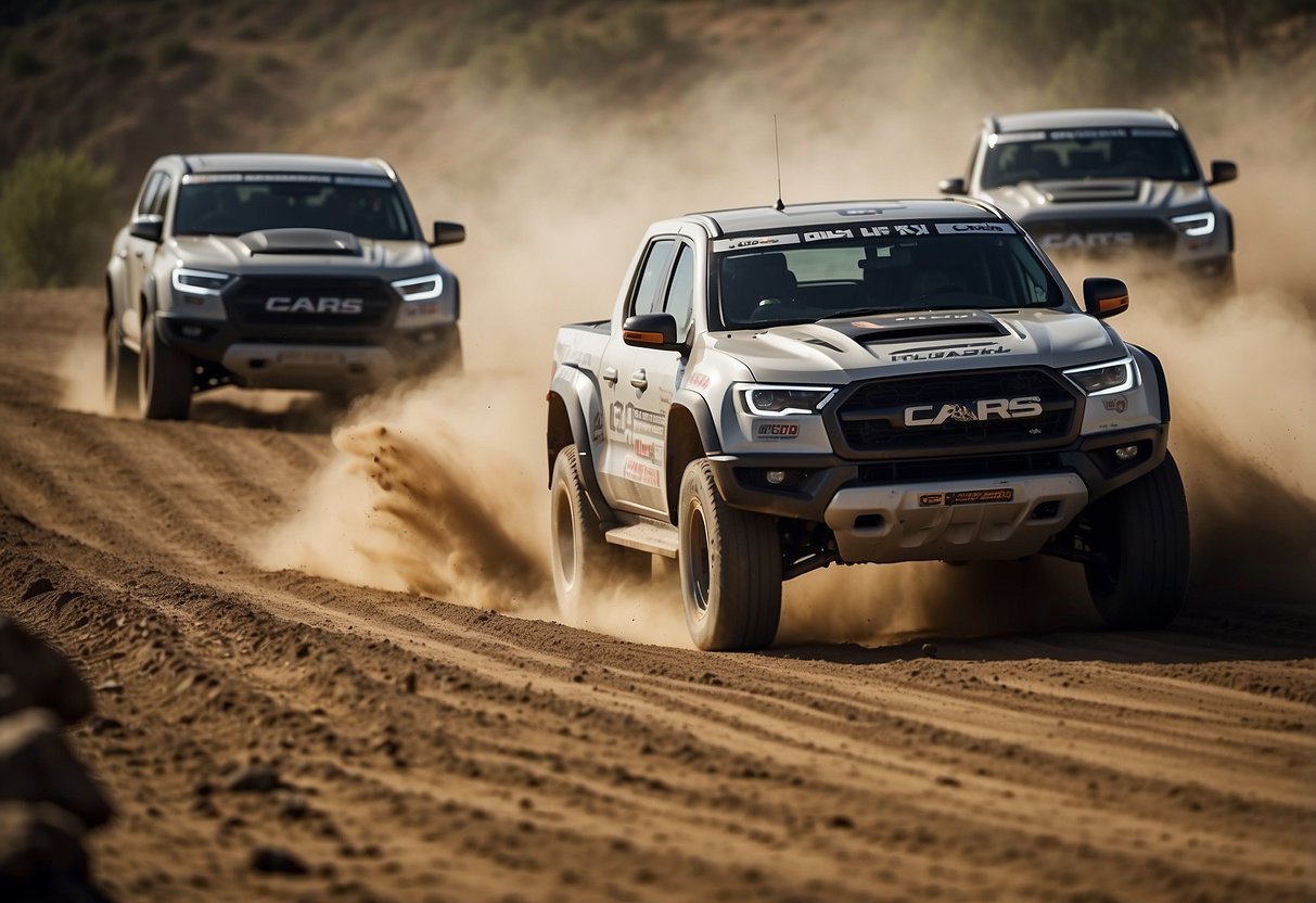 Cars race through winding dirt roads, kicking up dust. They skid around corners, tires gripping the terrain. The roar of engines fills the air, as the cars navigate jumps and obstacles with precision