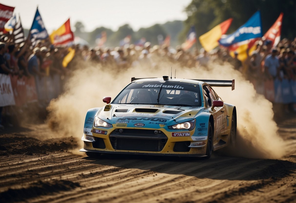 Race cars speeding through winding tracks, kicking up dirt and debris, surrounded by cheering crowds and colorful banners