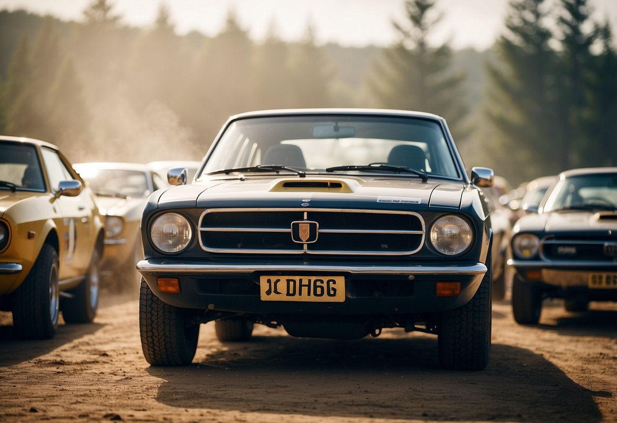 A lineup of iconic rally cars, dust-covered and ready for action. Each machine represents a different era of the sport, from the rugged classics to the high-tech modern marvels