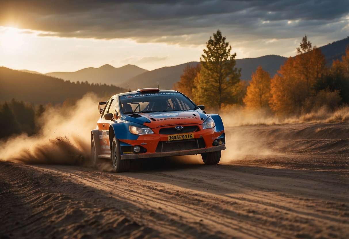 A rally car speeds through a winding dirt track, kicking up clouds of dust. The surrounding trees are vibrant with autumn colors, as the sun sets behind the mountains