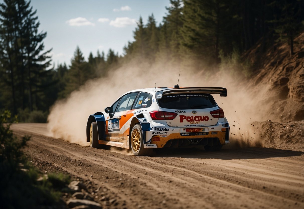 A rally car zooms around a tight corner, kicking up dirt and gravel. The driver expertly maneuvers the vehicle, displaying precision and control. The team's logo is prominently displayed on the car's exterior