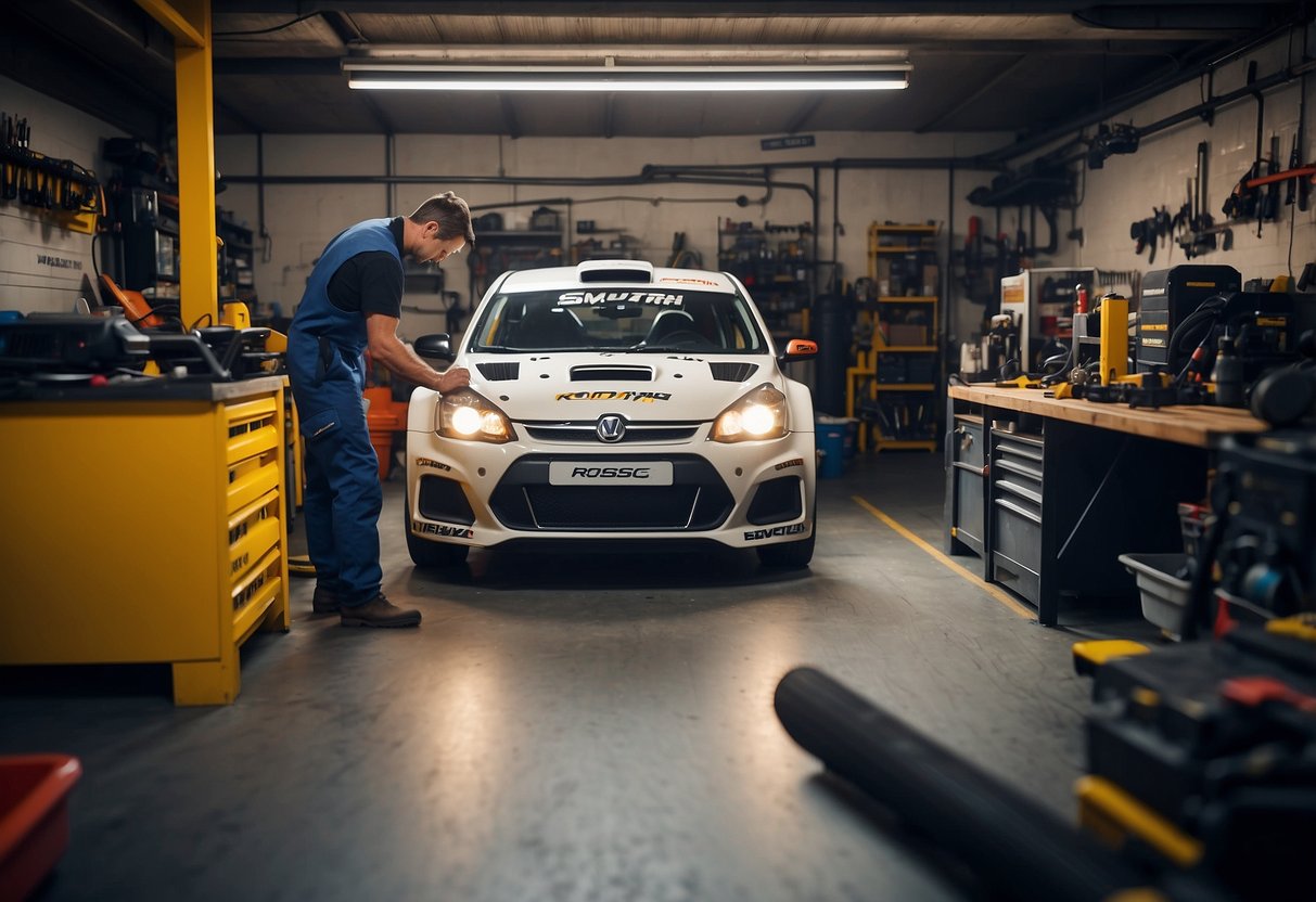 A mechanic works on a rally car in a garage, surrounded by tools and equipment. A whiteboard displays steps to join a racing team